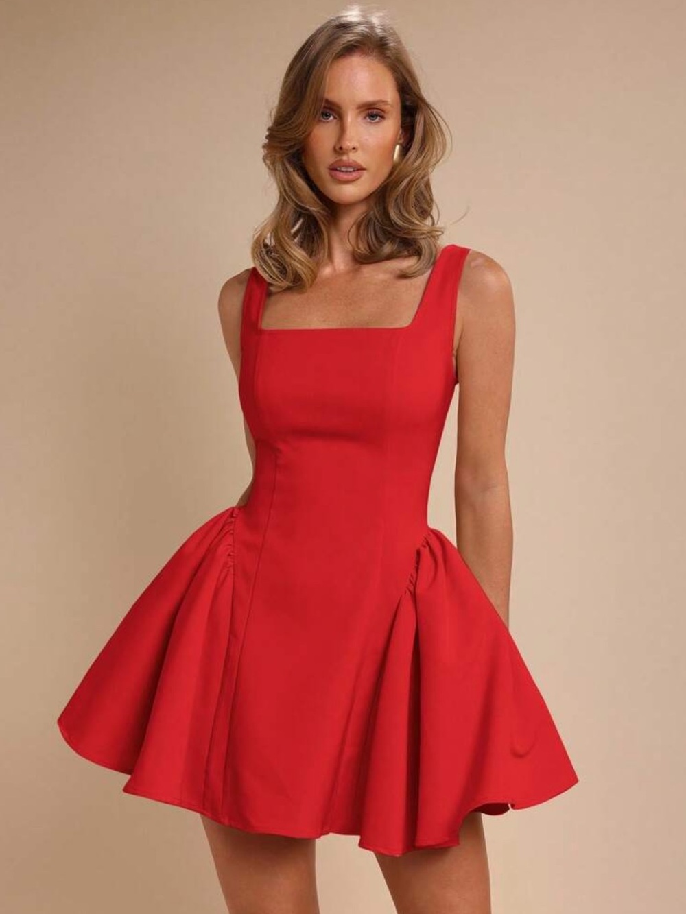 Red Square-Neck Fit & Flare Dress